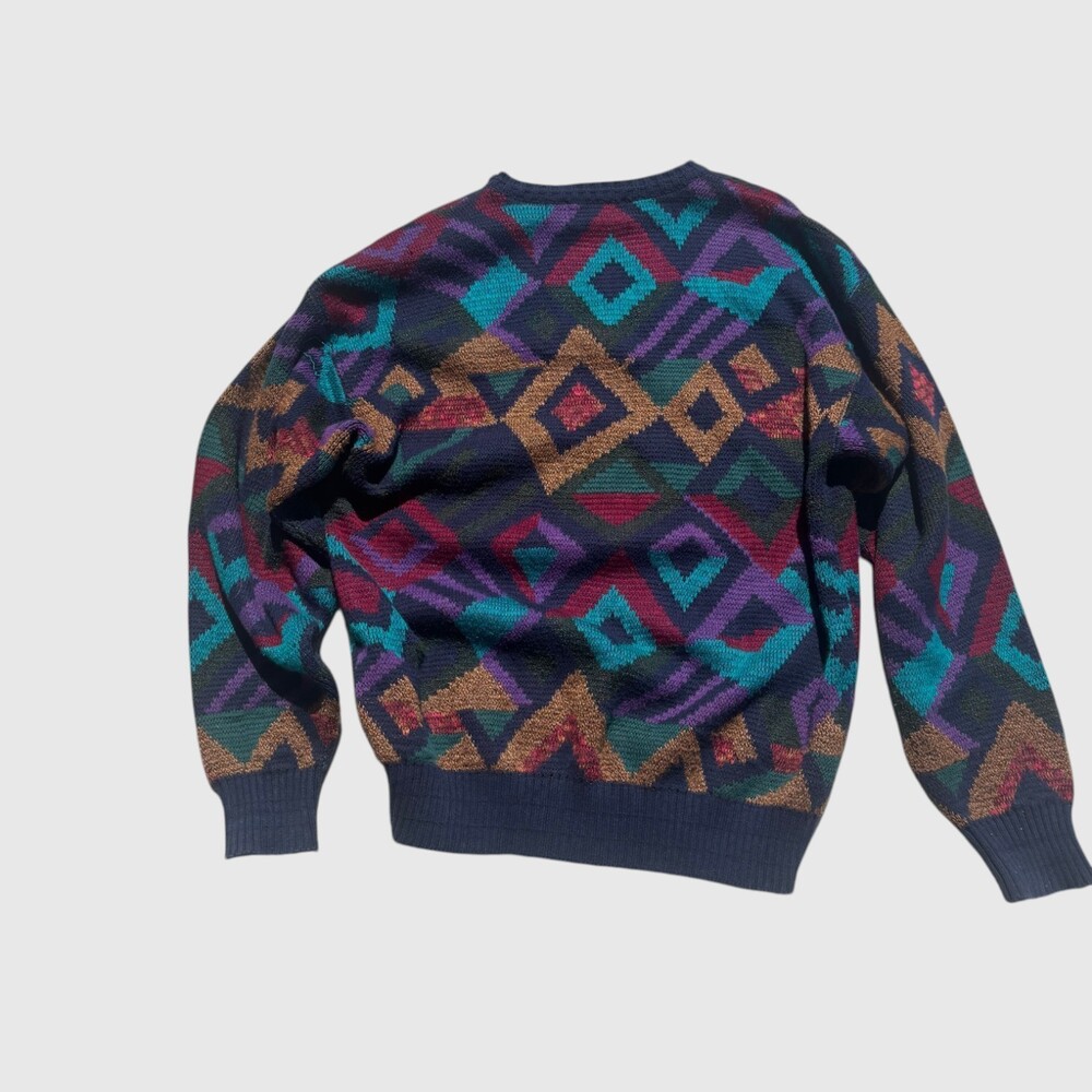 TSR Vintage 90s Abstract Geometric Crewneck Sweater Navy Multicolor USA Made M - Picture 3 of 10